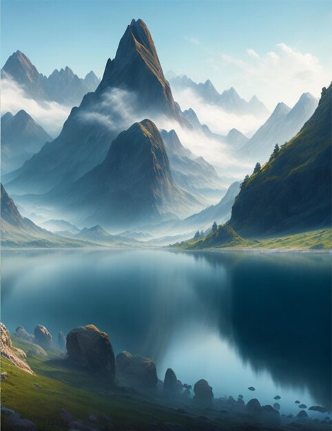 pintura digital de paisagem montanhosa águas tranquilas majestosos picos rochosos