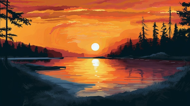 Pintura digital de pôr-do-sol norueguês multicolor com árvores e