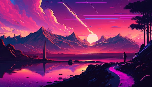 pintura digital de synthwave retrowave paisagem pôr do sol vaporwave