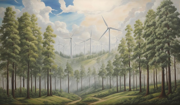 Foto pintura digital de turbinas eólicas na floresta conceito de energia renovável