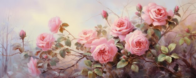 Pintura digital de um buquê de rosas rosas no jardim