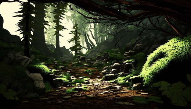 Pintura digital de um caminho através de uma floresta generativa ai