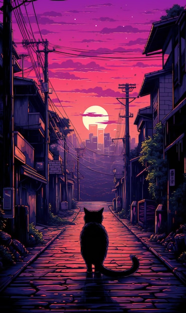 Foto pintura digital de um gato andando em uma rua da cidade ao pôr do sol