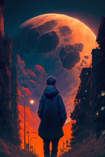 Pintura digital de um homem caminhando em uma cidade futur distópica com um luar vermelho