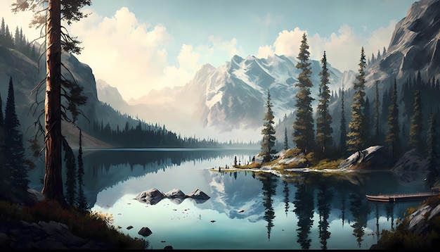 Pintura digital de um lago sereno cercado por montanhas