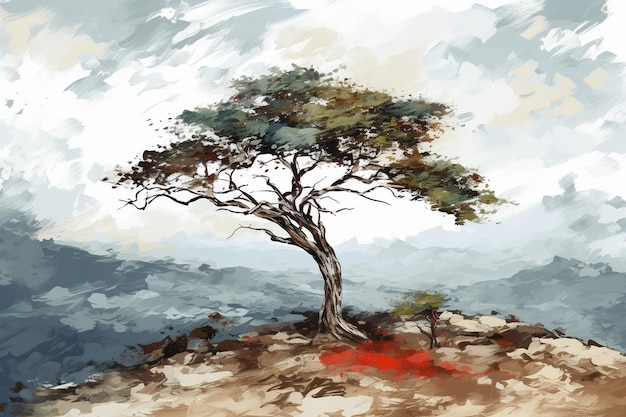 Pintura digital de um rio de montanha com árvores