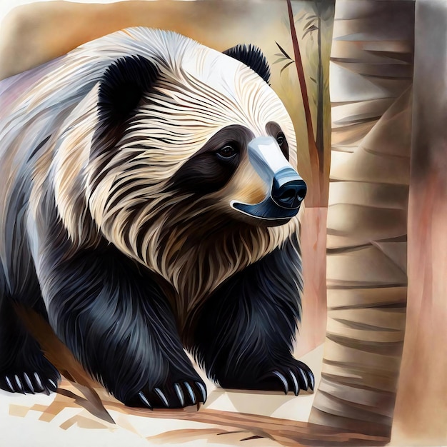 Pintura digital de um urso panda gigante em uma floresta de bambu