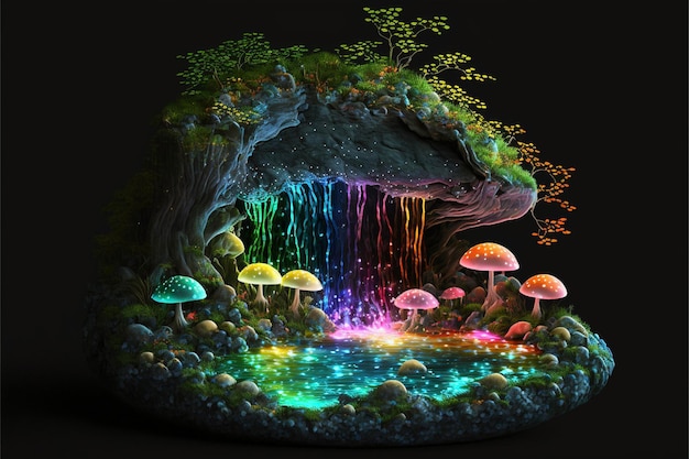 Pintura digital de uma cachoeira e cogumelos generative ai