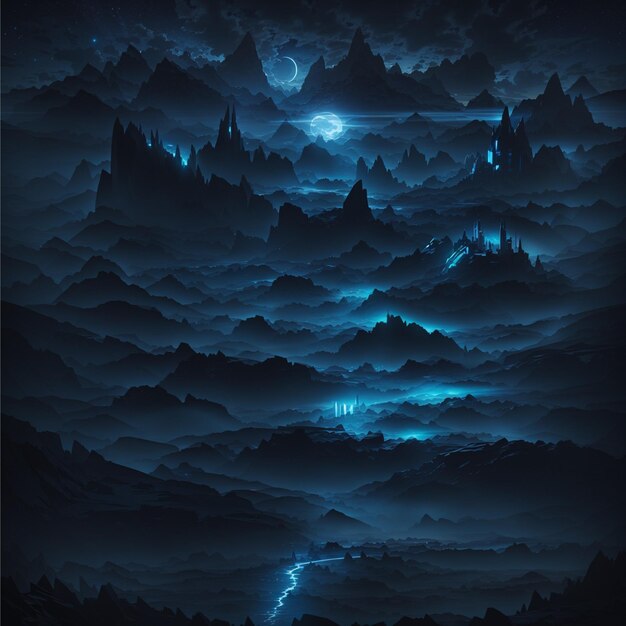 pintura digital de uma foto de fantasia futurista paisagem noturna com paisagem abstrata luz da lua shi