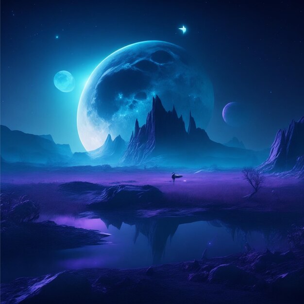 Foto pintura digital de uma foto de fantasia futurista paisagem noturna com paisagem abstrata luz da lua shi