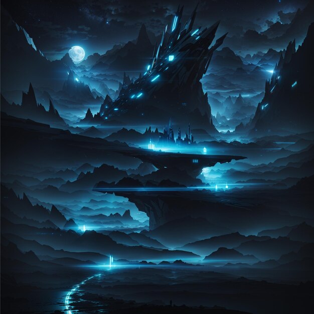 Foto pintura digital de uma foto de fantasia futurista paisagem noturna com paisagem abstrata luz da lua shi