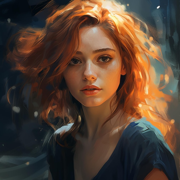 Pintura digital de uma linda garota com cabelo laranja em um vestido azul