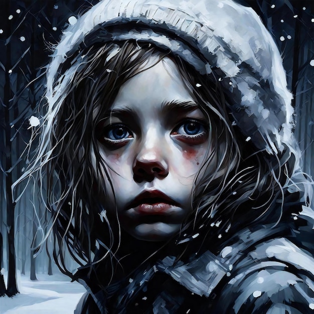 Pintura digital de uma menina com um casaco de inverno e chapéu com flocos de neve