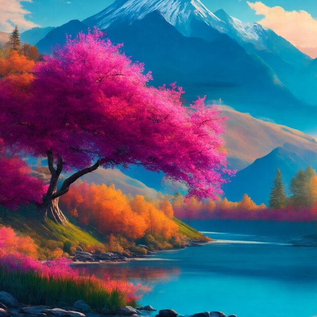pintura digital de uma montanha com um rio e uma árvore colorida em primeiro plano
