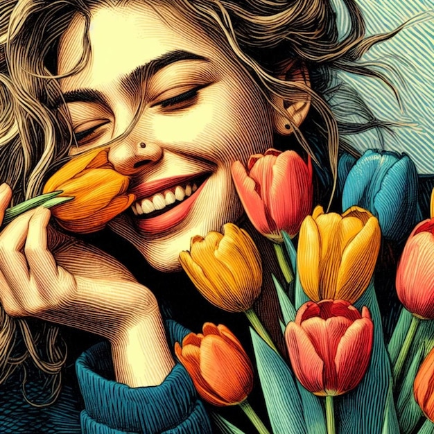 Pintura digital de uma mulher livre e feliz com flores para o Dia Internacional da Mulher