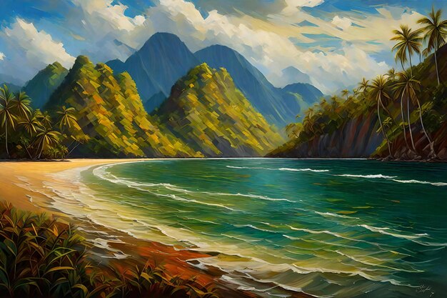 Foto pintura digital de uma praia tropical com palmeiras e montanhas ao fundo