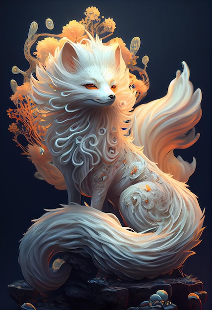 Pintura digital de uma raposa branca sentada em uma pedra generativa ai