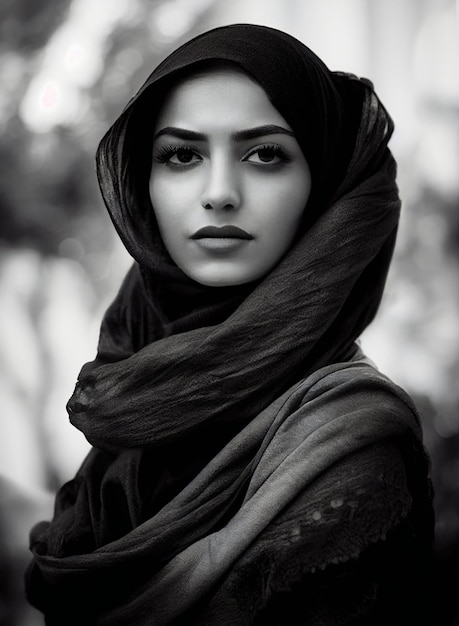 Pintura digital do retrato de uma bela mulher iraniana com moda hijab em preto e branco