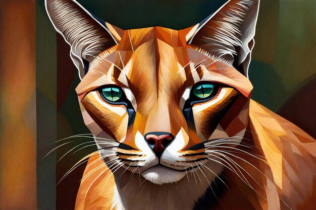 Pintura digital do rosto de um gato selvagem em tons laranja