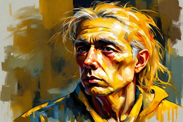 Pintura digital do rosto de um homem em tons amarelos e pretos