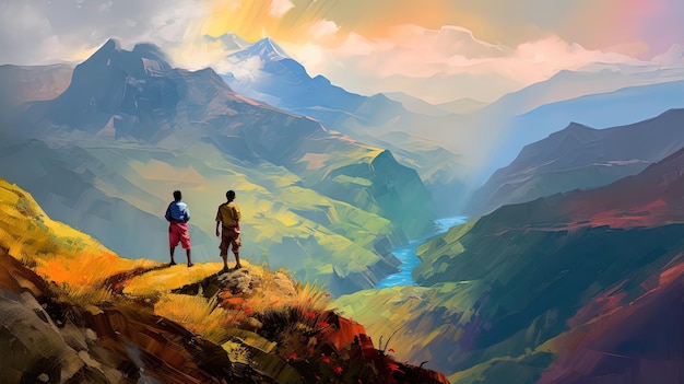 Una pintura digital de dos personas en la cima de una montaña con montañas en el fondo.