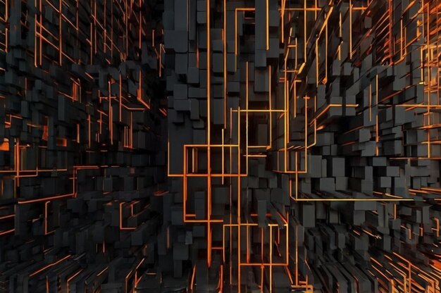 una pintura digital de un edificio con líneas naranja y líneas naranjas