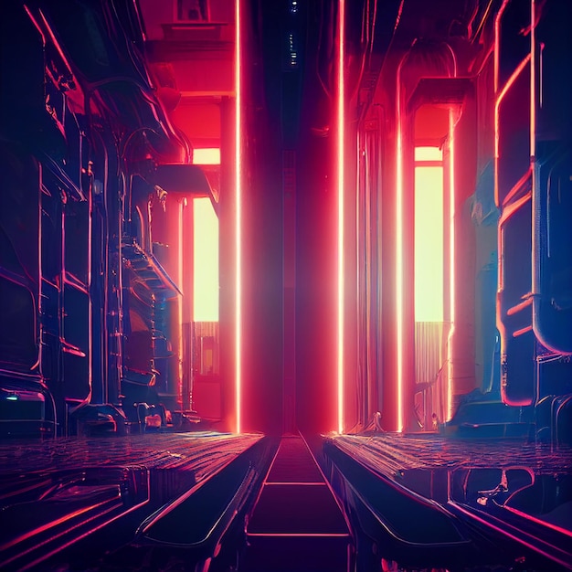 Una pintura digital de un edificio con una luz roja