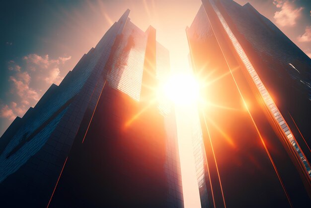 Una pintura digital de un edificio con el sol brillando sobre él.