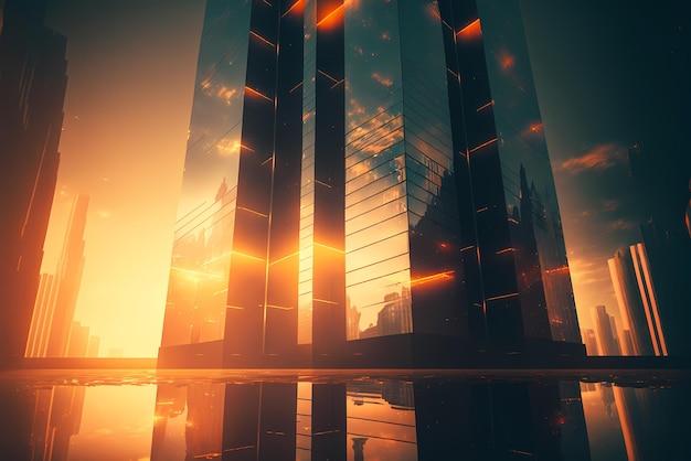 Una pintura digital de un edificio con el sol poniéndose detrás