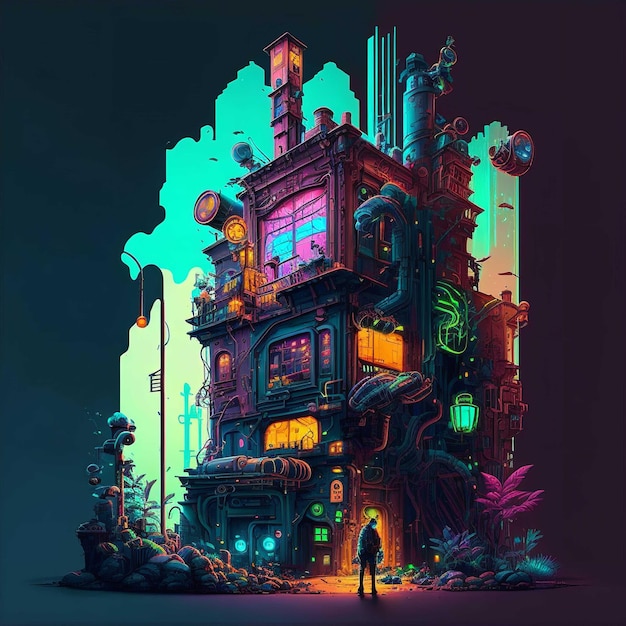 Una pintura digital de un edificio steampunk con una persona parada frente a él