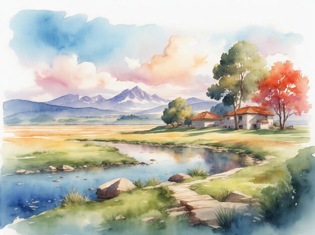 Pintura digital em aquarela de vistas de montanhas e rios