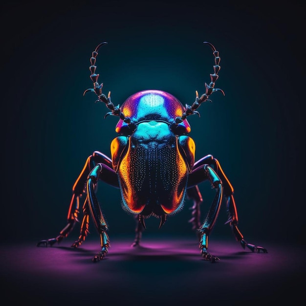 Una pintura digital de un escarabajo gigante con un fondo morado y azul.