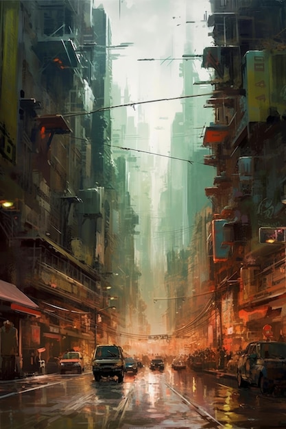 Una pintura digital de una escena callejera con una ciudad al fondo.