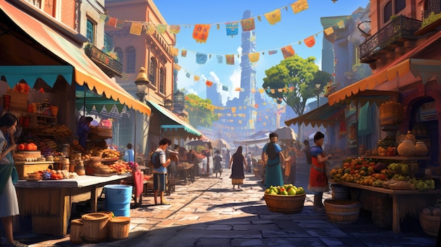 una pintura digital de una escena callejera con un mercado de frutas en el fondo.