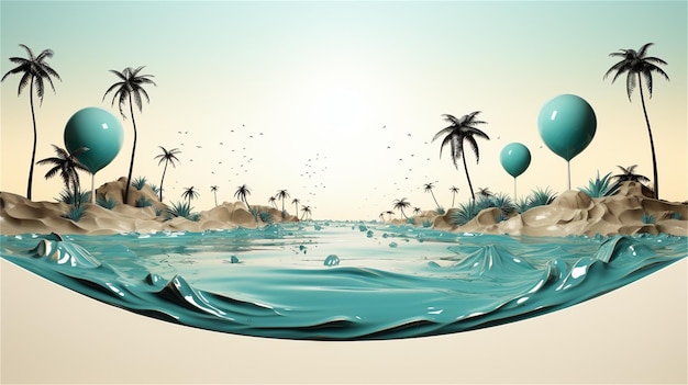 Una pintura digital de una escena de playa con palmeras y una pelota azul.