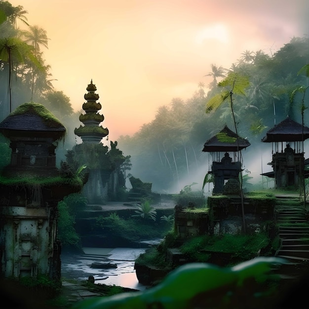 Una pintura digital de una escena de la selva con un pequeño puente, una pequeña cascada y un templo.