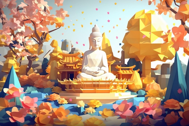 Una pintura digital de una estatua de Buda en un parque con hojas de otoño cayendo sobre ella.