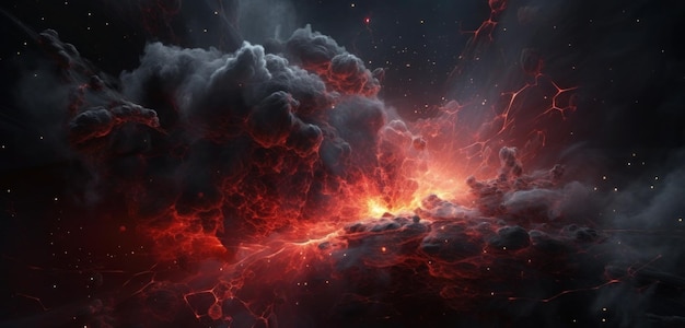 Una pintura digital de una explosión de lava con un fondo negro y una nube roja con humo