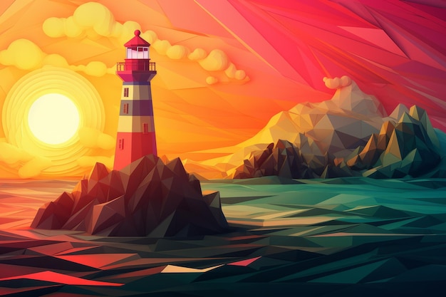 Una pintura digital de un faro con montañas al fondo.