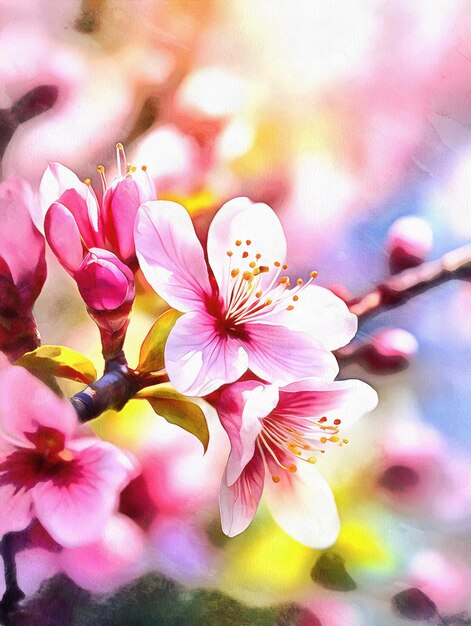 Pintura digital de una flor de cerezo rosa macro acuarela de IA