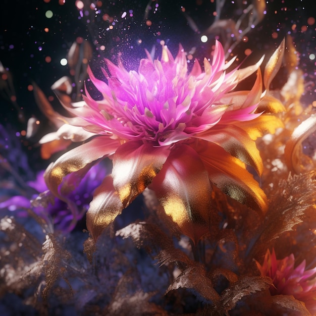 Una pintura digital de una flor con pétalos morados y un fondo morado.
