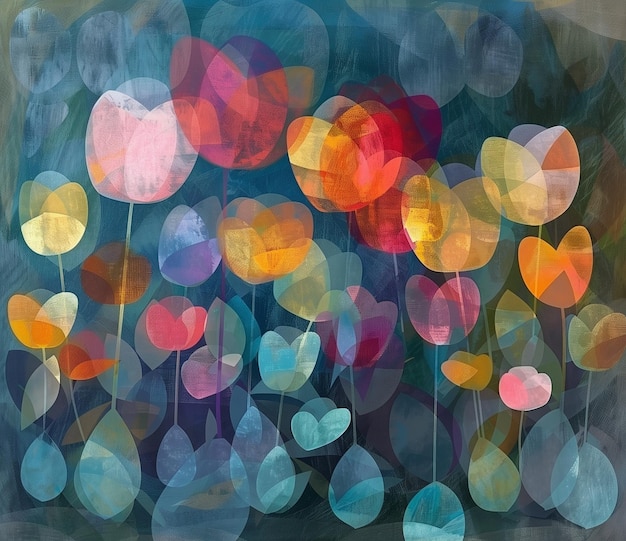 Una pintura digital de flores abstractas coloridas sobre un fondo azul oscuro