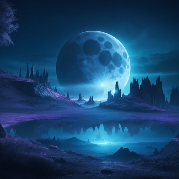 pintura digital de una foto de un paisaje nocturno de fantasía futurista con un paisaje abstracto a la luz de la luna