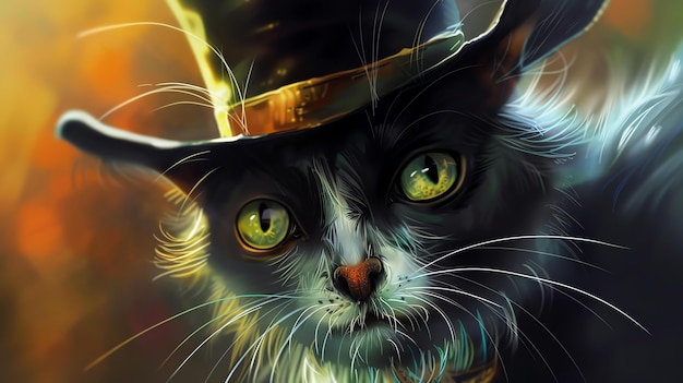 Una pintura digital de un gato con un sombrero alto El gato tiene ojos verdes y está mirando al espectador con una expresión curiosa