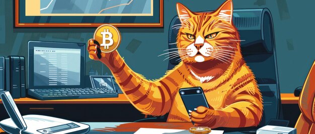 Una pintura digital de un gato con un traje y sentado en una silla de oficina sosteniendo un bitcoin en una pata y un teléfono en la otra pata