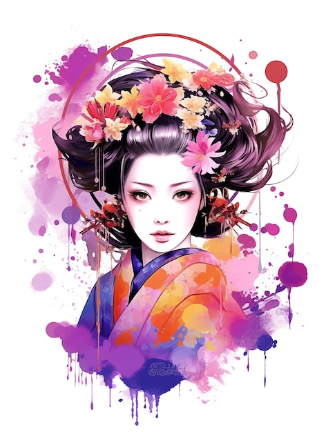 Una pintura digital de una geisha con flores en el cabello