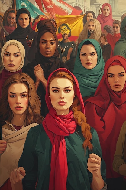 Una pintura digital de un grupo diverso de mujeres de diversas culturas y profesiones.