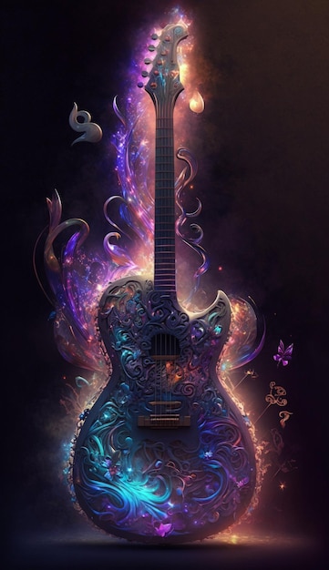 Una pintura digital de una guitarra con un fondo morado y las palabras 'magia' en ella