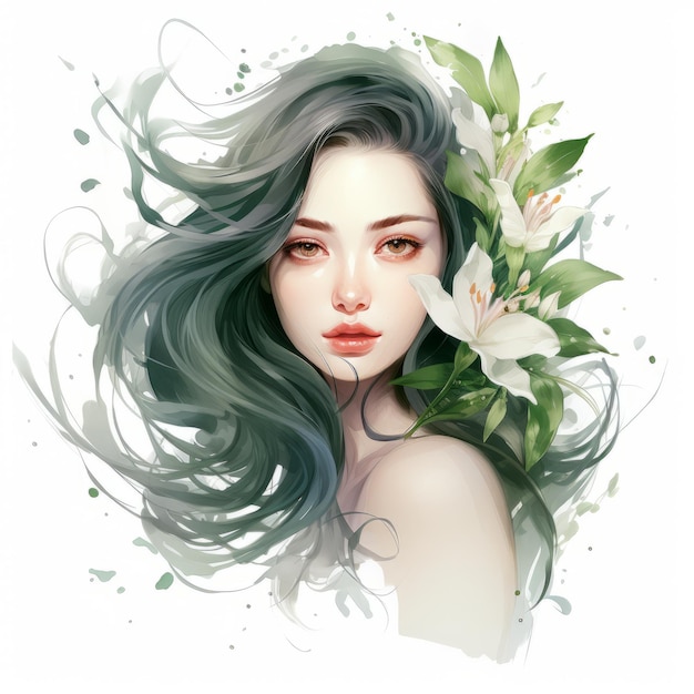 Pintura Digital De Una Hermosa Mujer Con Cabello Verde Y Flores Blancas