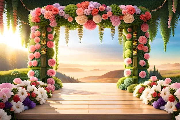 Una pintura digital de un hermoso paisaje con flores y vegetación.